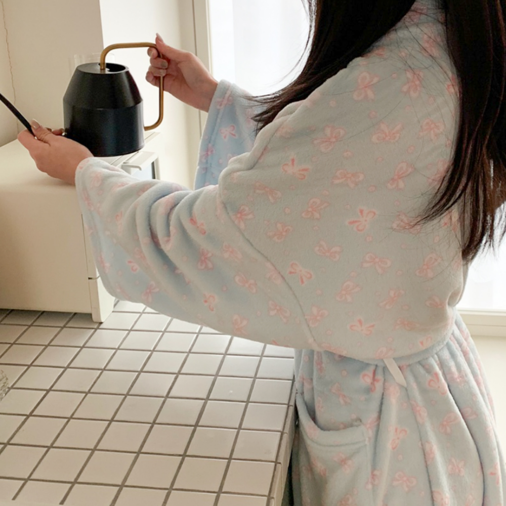 수면가운 극세사 로브 블루 리본 골프 목욕 나이트 수면 홈웨어 파자마 - 상세 이미지 5