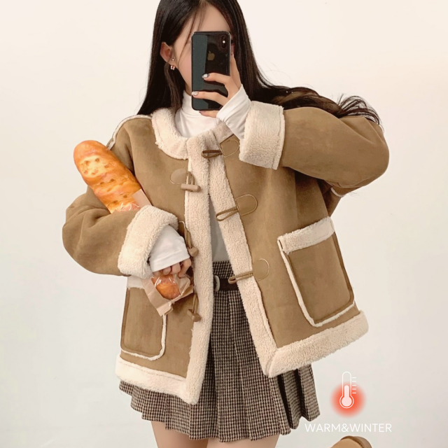 겨울 양털무스탕 노카라 떡볶이 스웨이드 퍼카라 무스탕 자켓 점퍼 - 상품 이미지