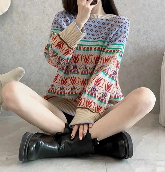 여자여자몰 러블리니트티 파스텔배색 플라워니트 캐쥬얼 노르딕스웨터 겨울 - 상세 이미지 2