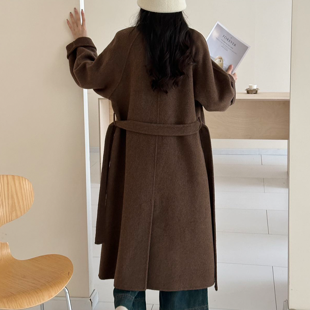 여성 울100 핸드메이드 롱코트 브라운 이미지 3