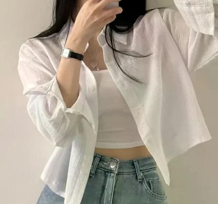 무료반품 여친룩 스트라이프 크롭 탑 여성 디자인 레이어 셔츠 옷깃 싱글 브레스트 블루 - 상세 이미지 4