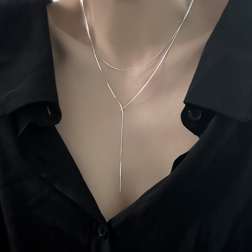 silver925 두줄 레이어드 Y 드롭 체인 목걸이 실버925 연말룩 하객룩 파티룩 - 상세 이미지 2