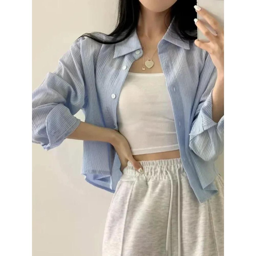 무료반품 여친룩 스트라이프 크롭 탑 여성 디자인 레이어 셔츠 옷깃 싱글 브레스트 블루 - 상품 이미지