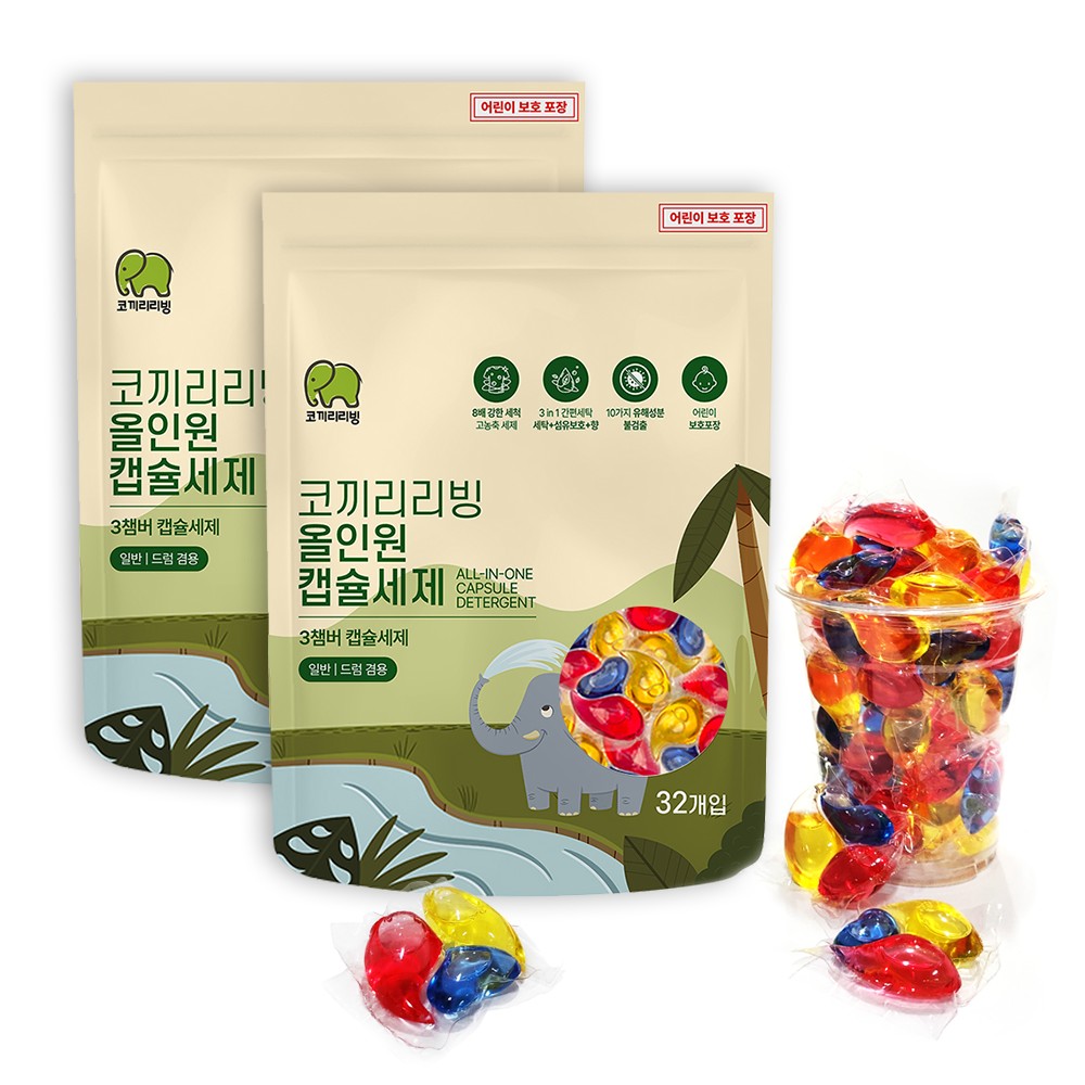 코끼리리빙 고농축 캡슐세제2P 3in1 장미향(12g 32개입x2)총64개 일반드럼 겸용 - 상품 이미지