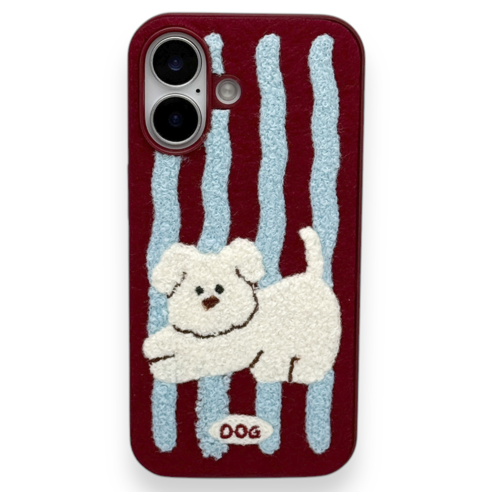 아이폰16 케이스 벨벳 벨로아 자수 강아지 - 상품 이미지
