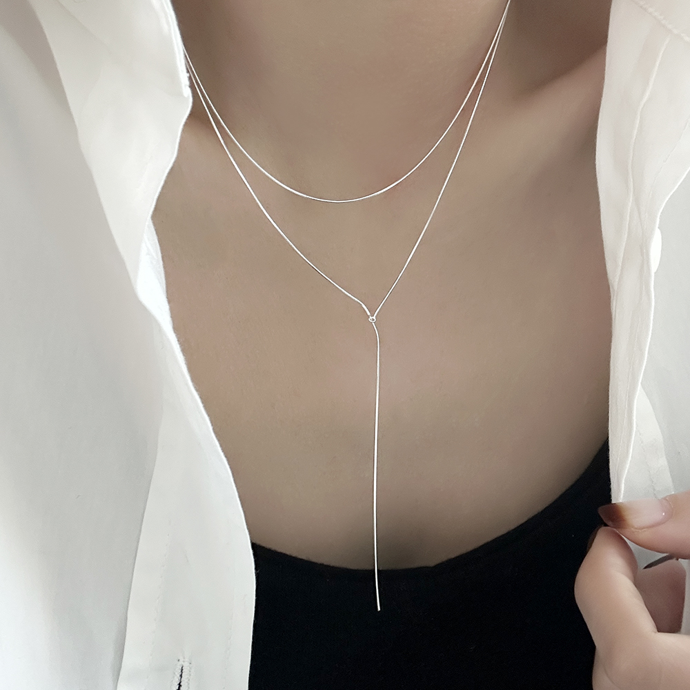 silver925 두줄 레이어드 Y 드롭 체인 목걸이 실버925 연말룩 하객룩 파티룩 - 상품 이미지