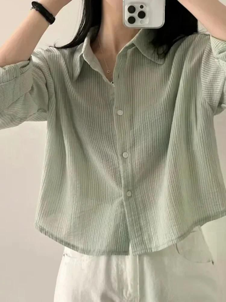 무료반품 여친룩 스트라이프 크롭 탑 여성 디자인 레이어 셔츠 옷깃 싱글 브레스트 블루 - 상세 이미지 2