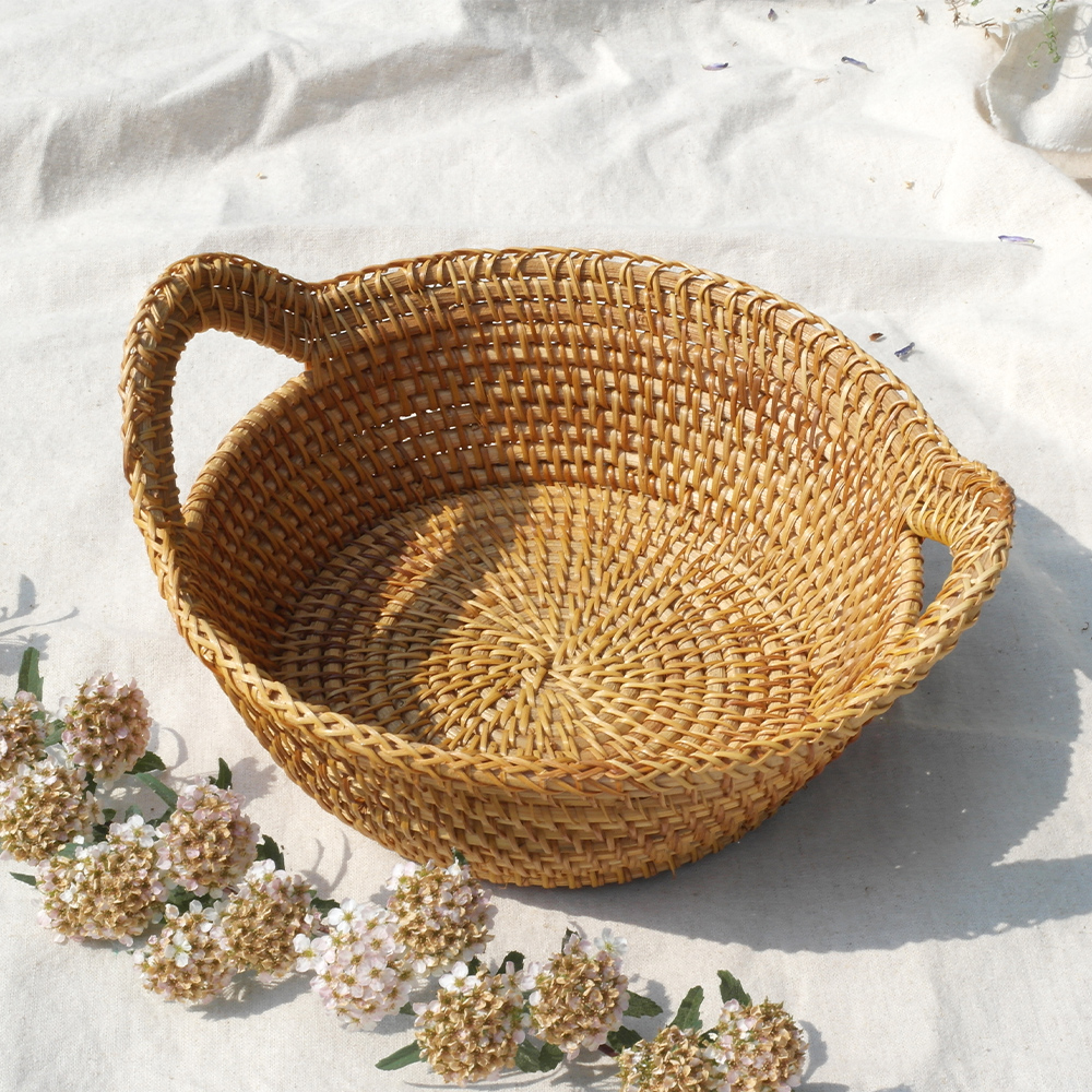 라탄 손잡이 귤바구니 라탄트레이 원형 바스켓 수건 간식 빵 과일 보관