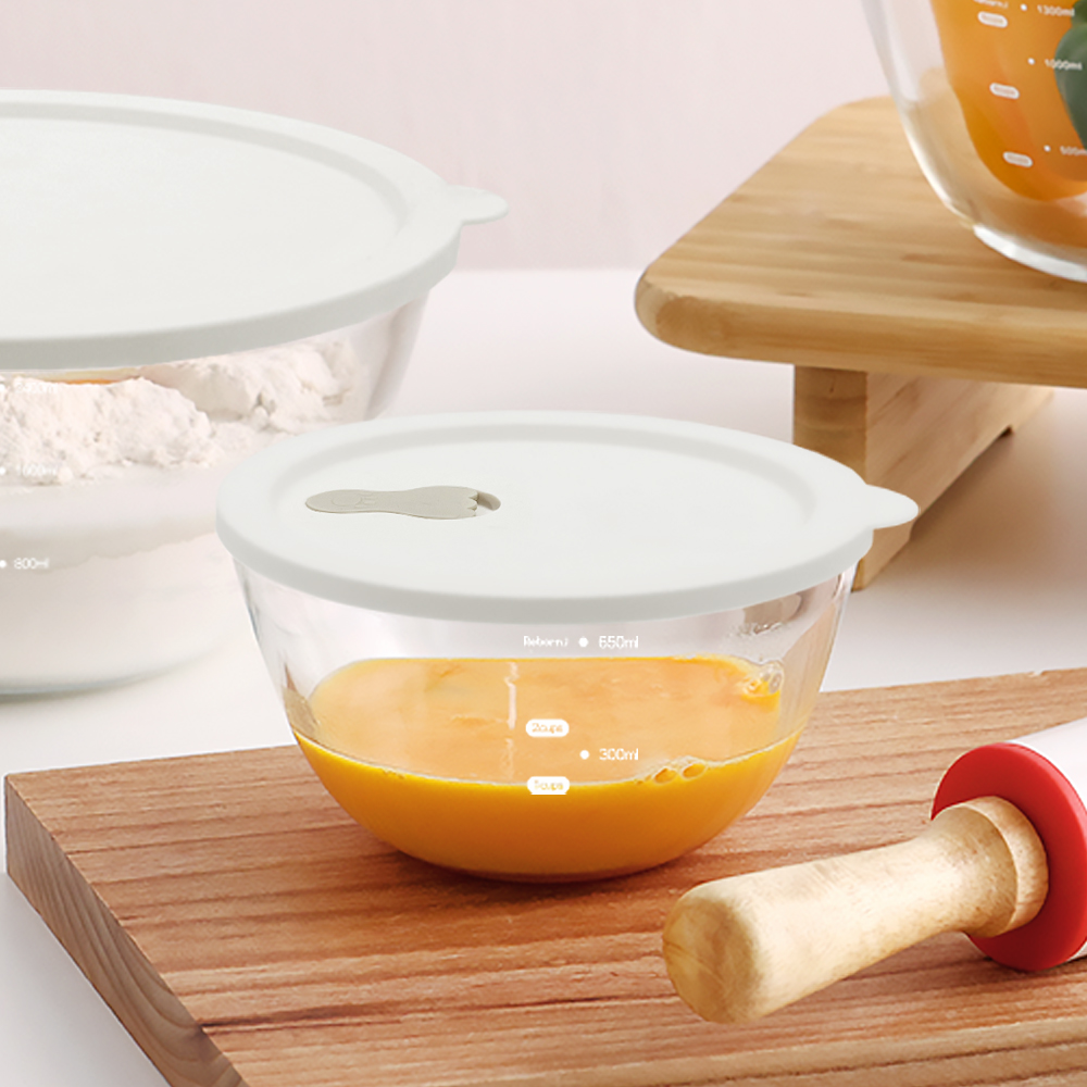 내열유리 계량 믹싱볼 실리콘 뚜껑 세트 800ml / 전자레인지 오븐글라스 베이킹 스팀홀