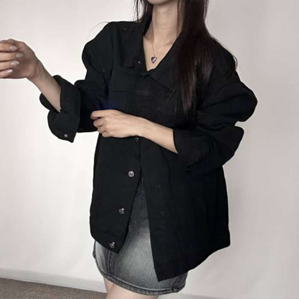 여자 자켓 데님 청자켓 셔츠 카라넥 연청 블랙 패션 20대 여성 대학생 여학생 캐쥬얼 - 상품 이미지