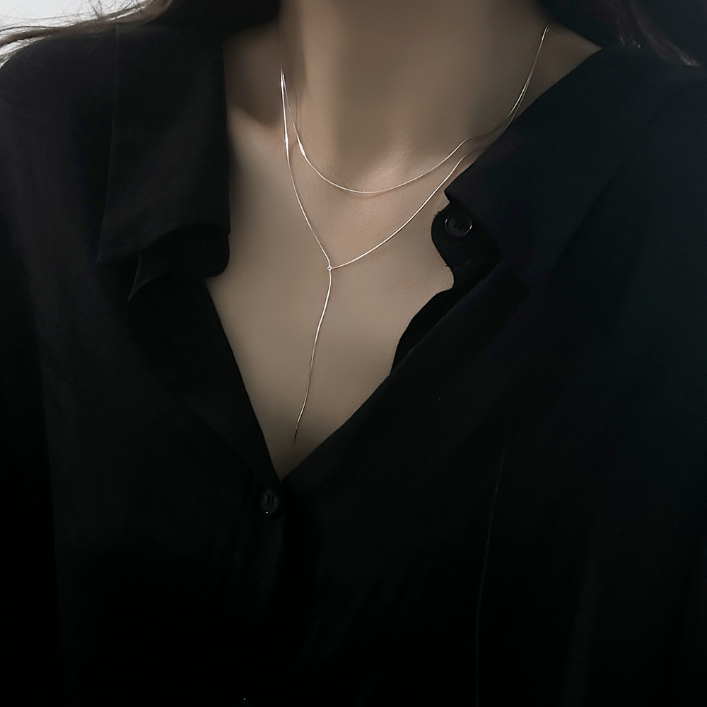 silver925 두줄 레이어드 Y 드롭 체인 목걸이 실버925 연말룩 하객룩 파티룩 - 상세 이미지 4