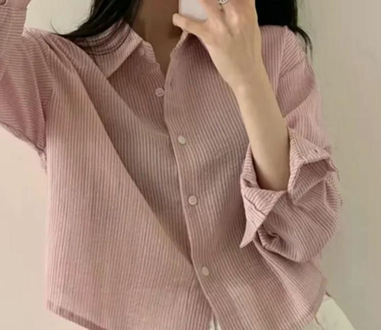 무료반품 여친룩 스트라이프 크롭 탑 여성 디자인 레이어 셔츠 옷깃 싱글 브레스트 블루 - 상세 이미지 5