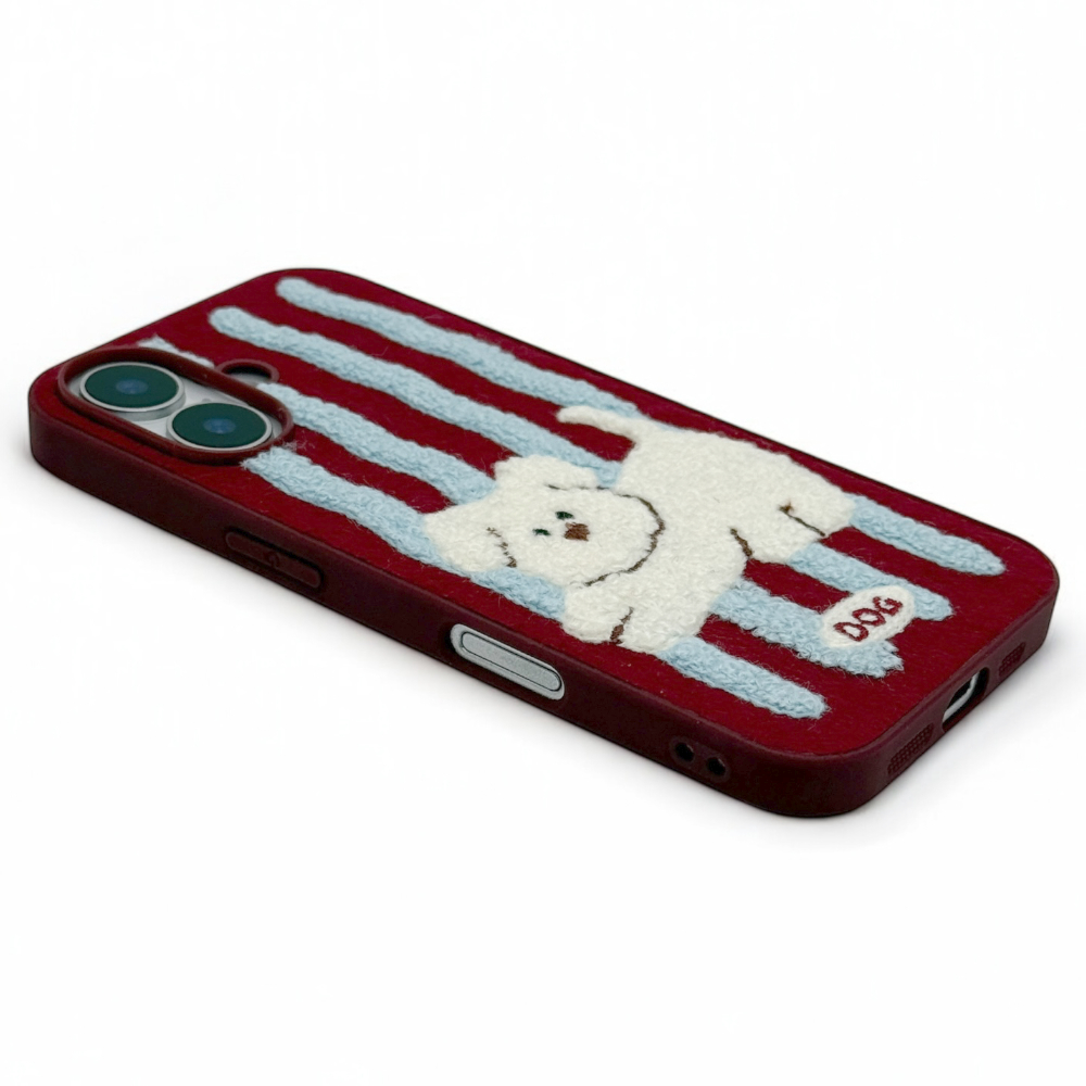 아이폰16 케이스 벨벳 벨로아 자수 강아지 - 상세 이미지 4
