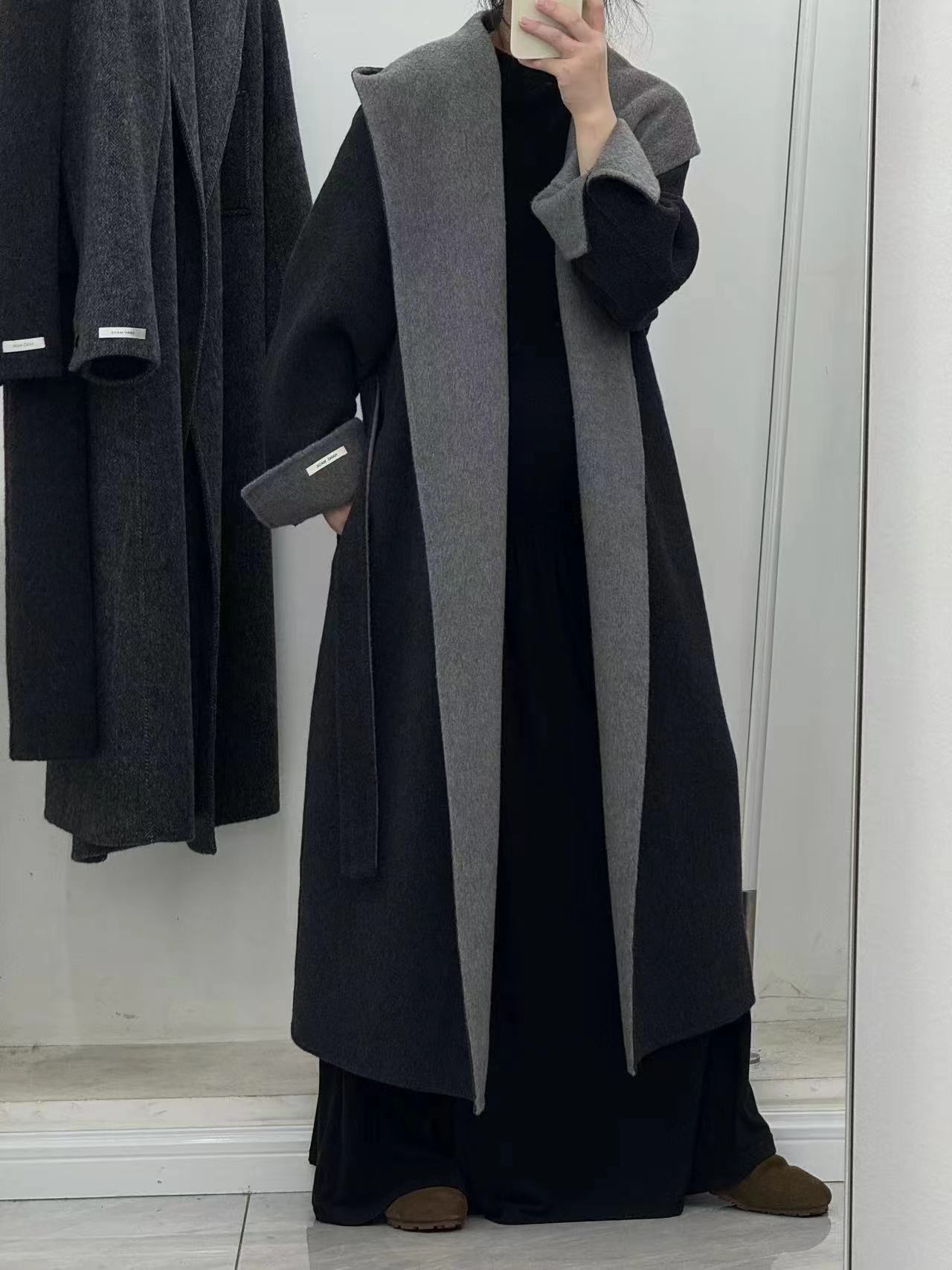 멋퀸 고퀄 양모 코트 울 오버사이즈 후드 숄카라코트 롱 핸드메이드