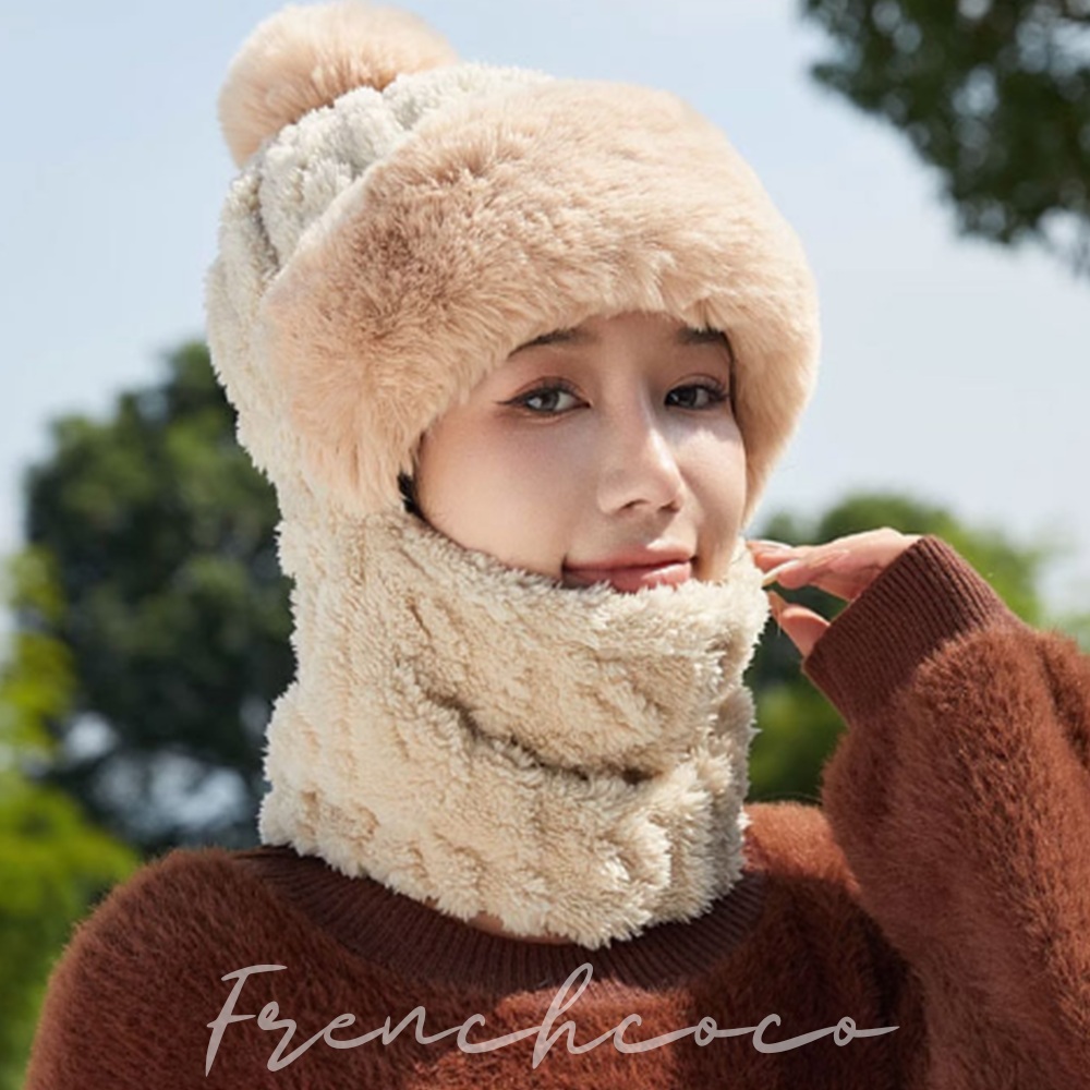 프렌치코코 양털 넥워머 따뜻한 일체형 털방울 모자 퍼햇 방한모자 - 메인 이미지