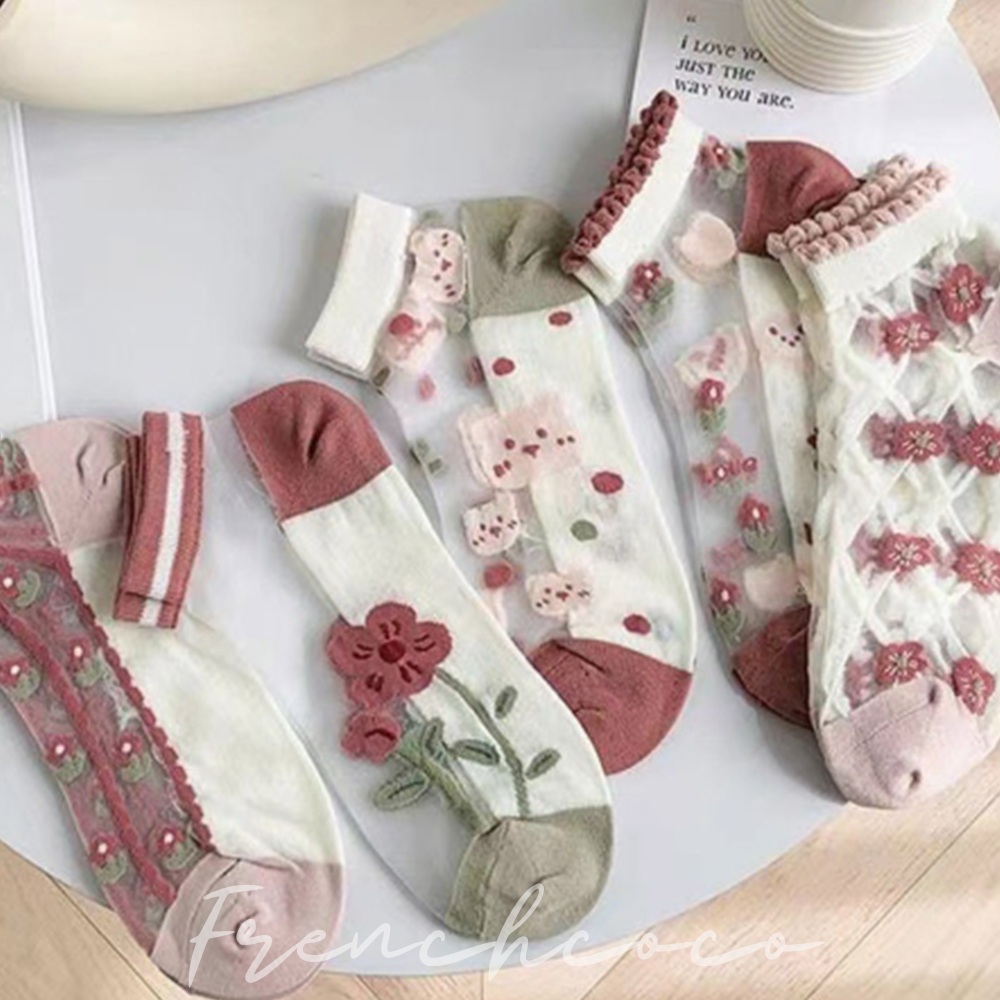프렌치코코 발목 시스루 양말 여성 귀여운 레드 플라워 - 상품 이미지