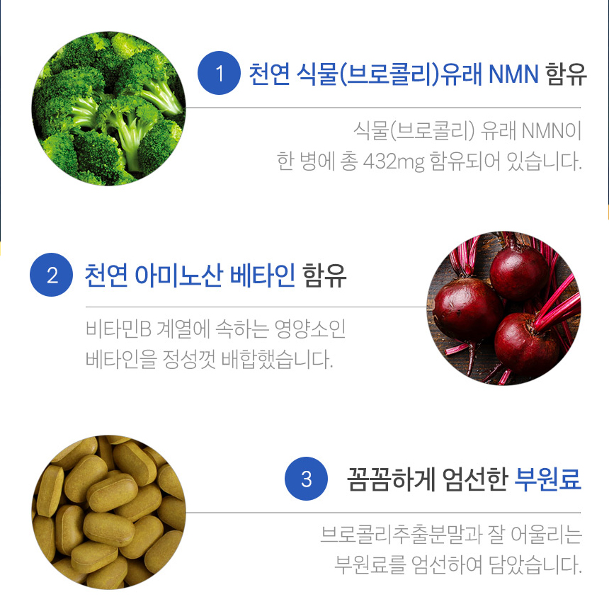 식물성 NMN 엔앰엔 브로콜리 추출물 40% 천연 아미노산 베타인 정 효능 3개 - 상세 이미지 3