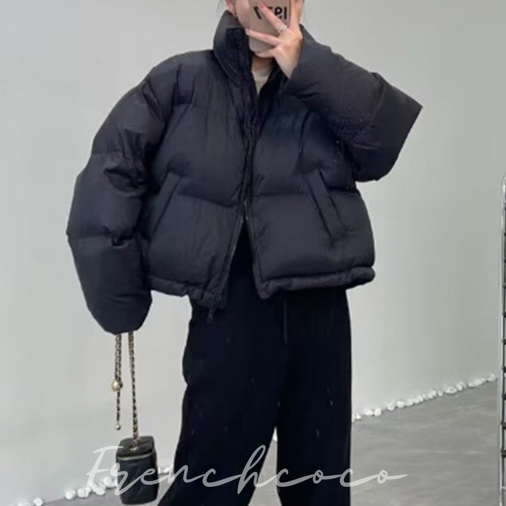 프렌치코코 여성 숏패딩 데일리 하이넥 패딩 스트링 짧은 밑단