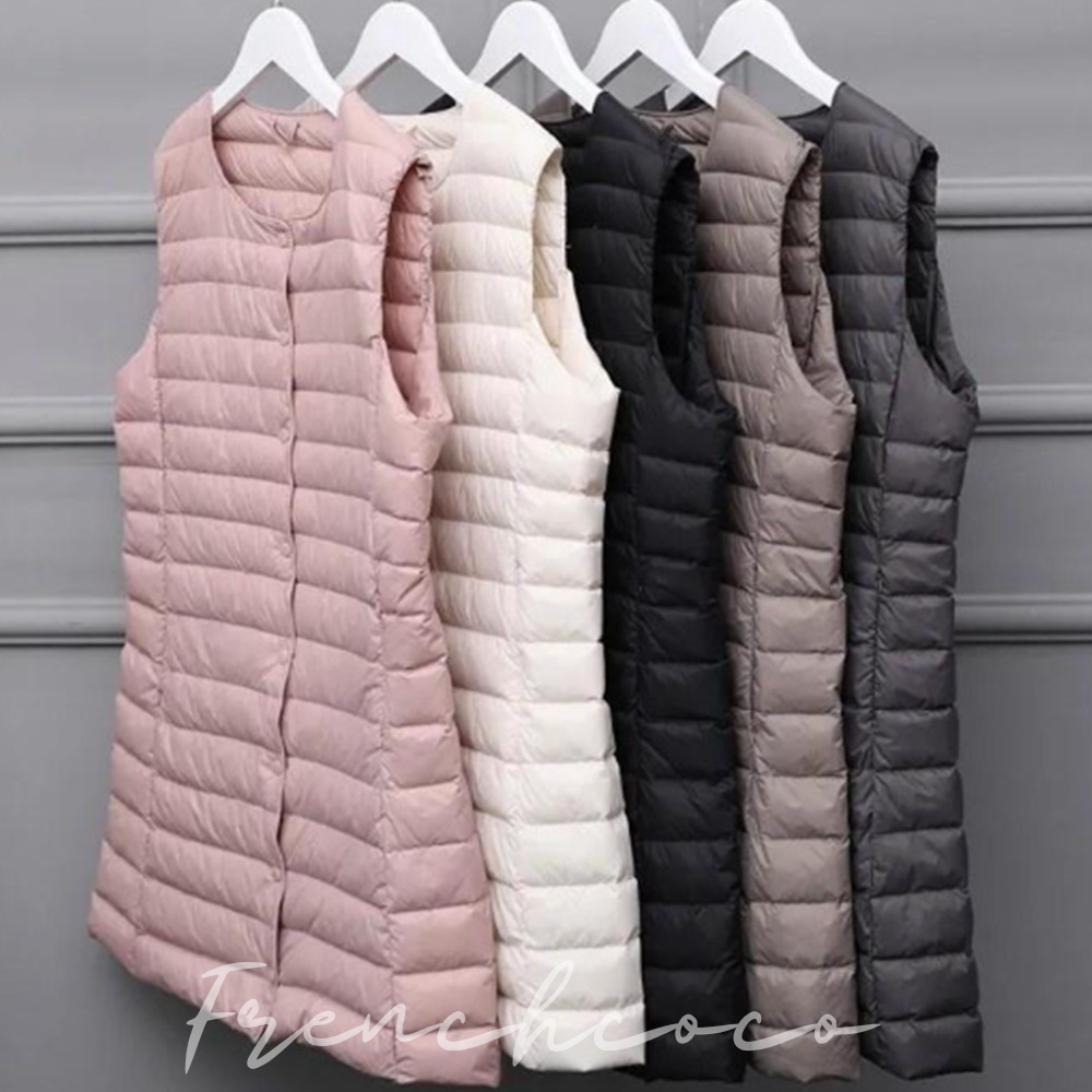 프렌치코코 여성 오리털 경량 패딩 롱패딩 조끼 덕다운 롱조끼