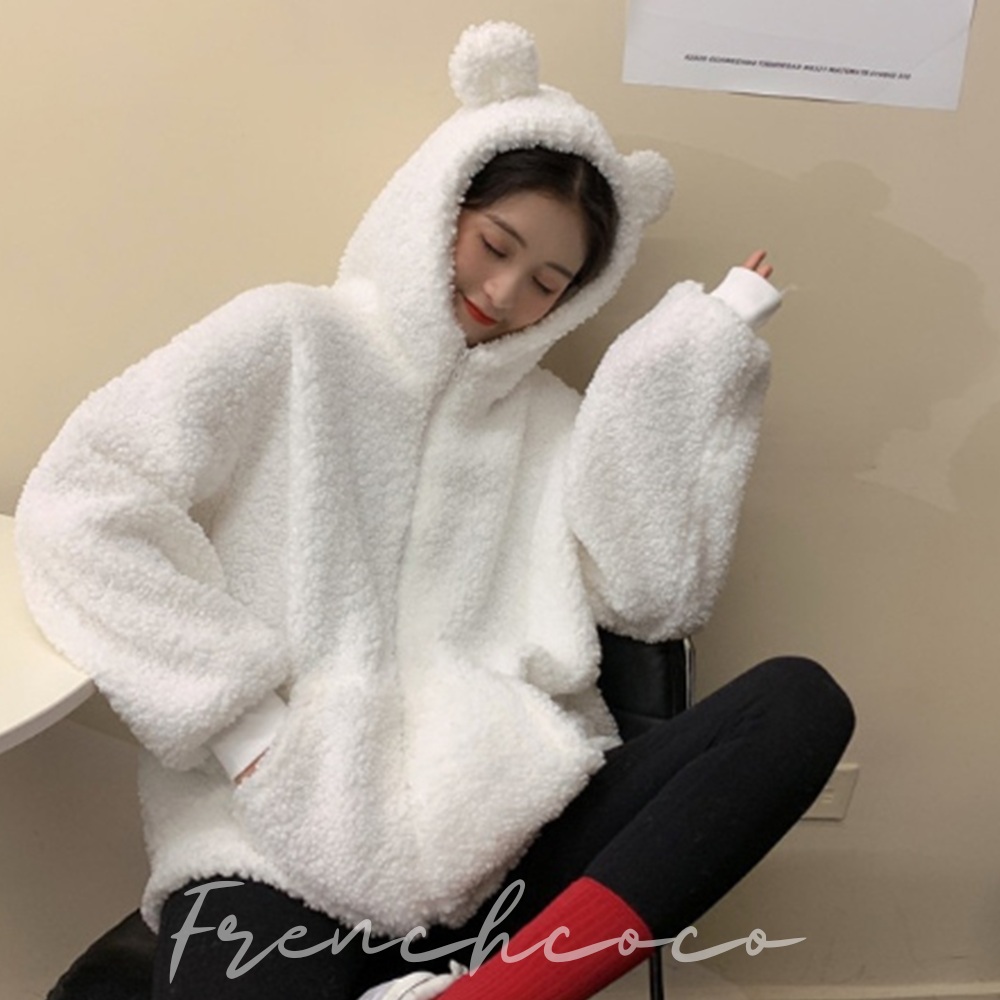 프렌치코코 양털후리스 곰돌이후드 뽀글이자켓 점퍼 오버핏 플리스