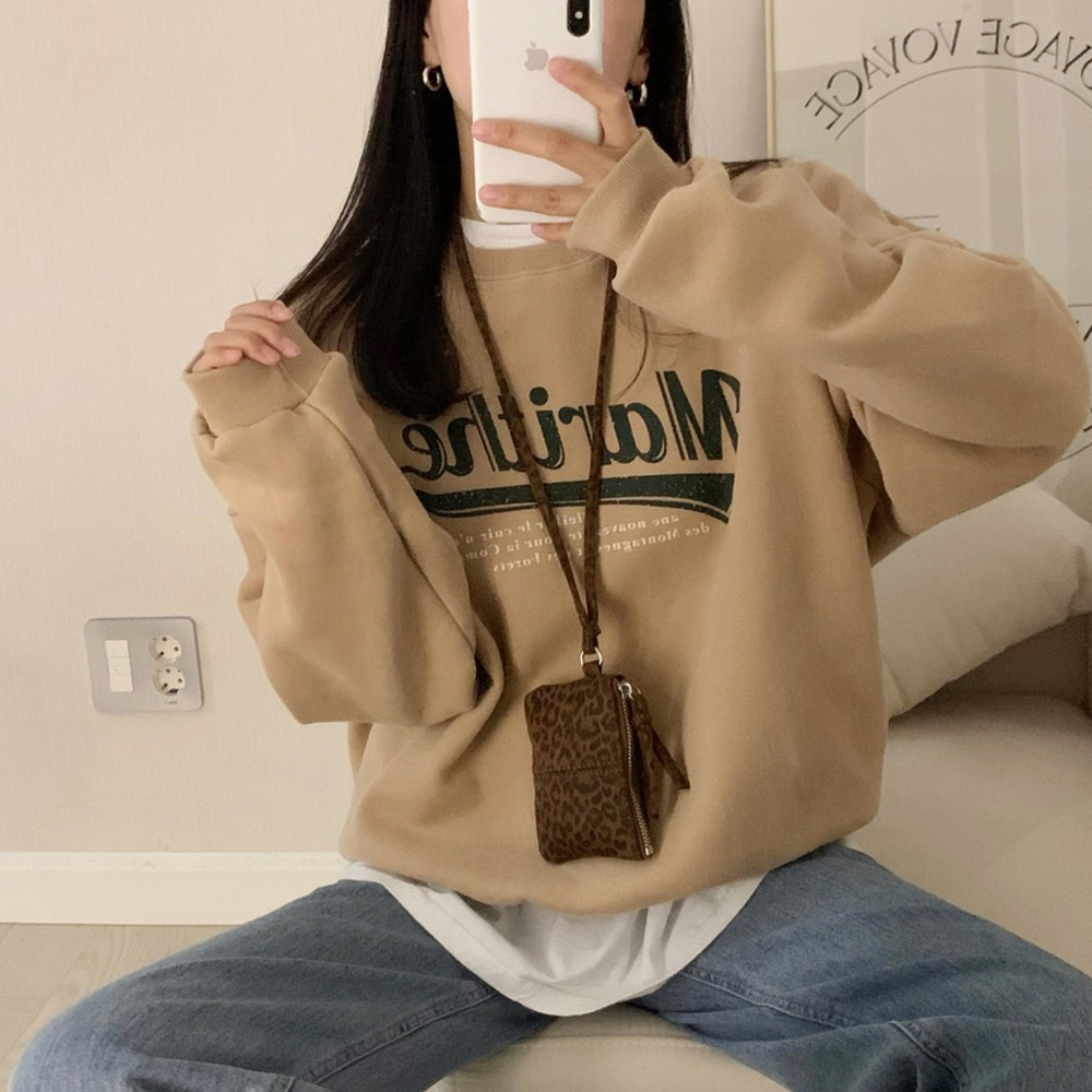 양기모 오버핏 마리테 레터링 프린팅 여자 기모 맨투맨 겨울 여성 맨투맨 박스티 기모 티셔츠 - 상품 이미지