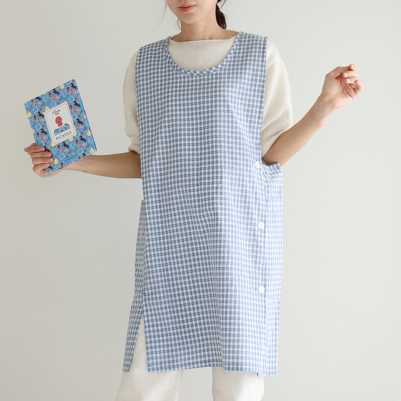 [미소쌤] 시링 체크 앞치마 단추형 F 원피스 빅사이즈 어린이집 보육교사 카페