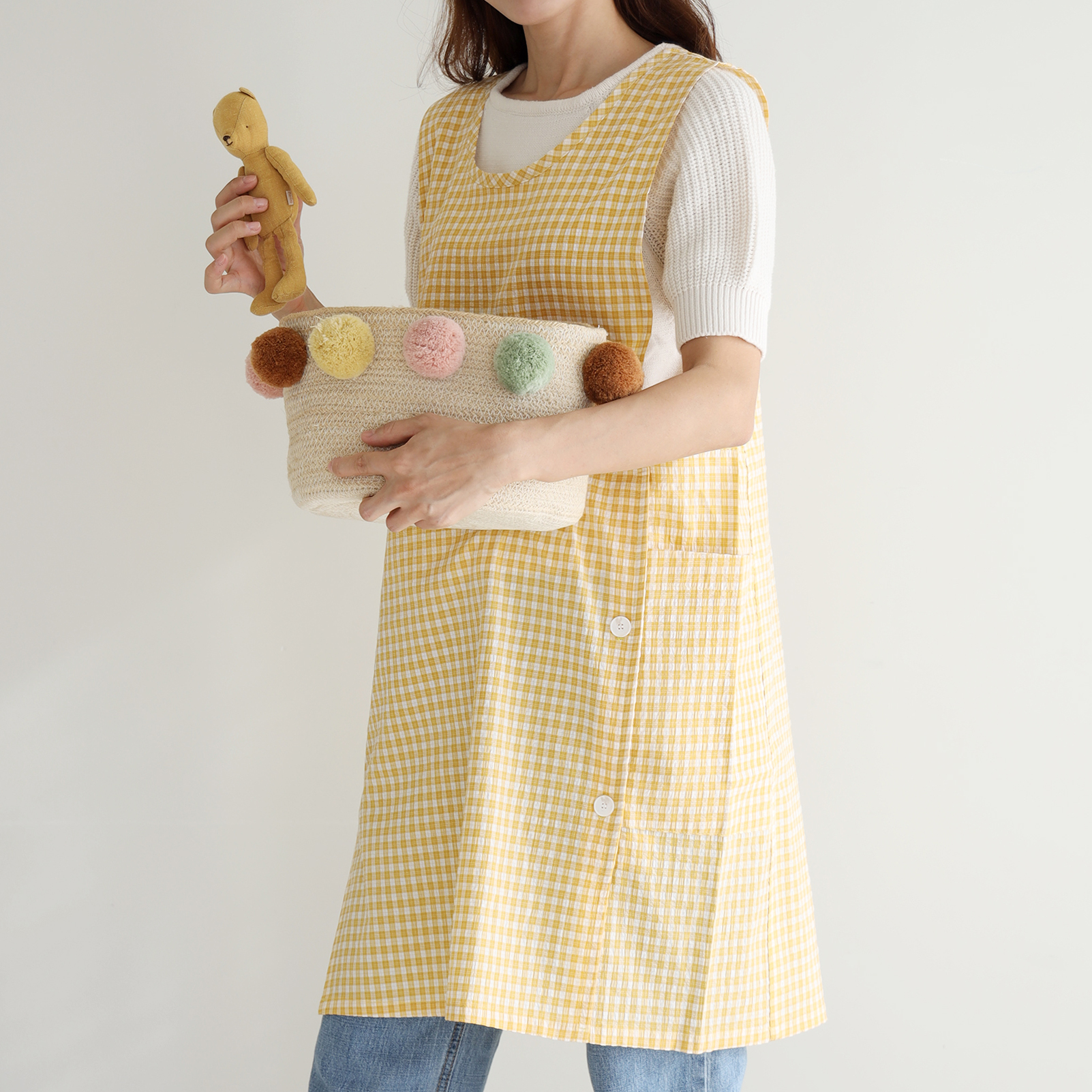 [미소쌤] 시링 체크 앞치마 단추형 F 원피스 빅사이즈 어린이집 보육교사 카페