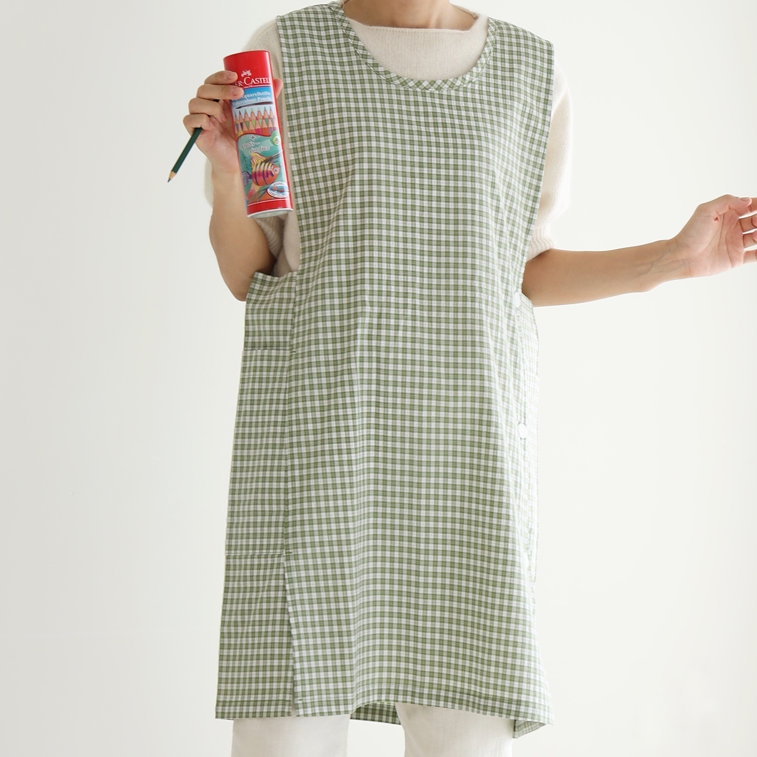 [미소쌤] 시링 체크 앞치마 단추형 F 원피스 빅사이즈 어린이집 보육교사 카페