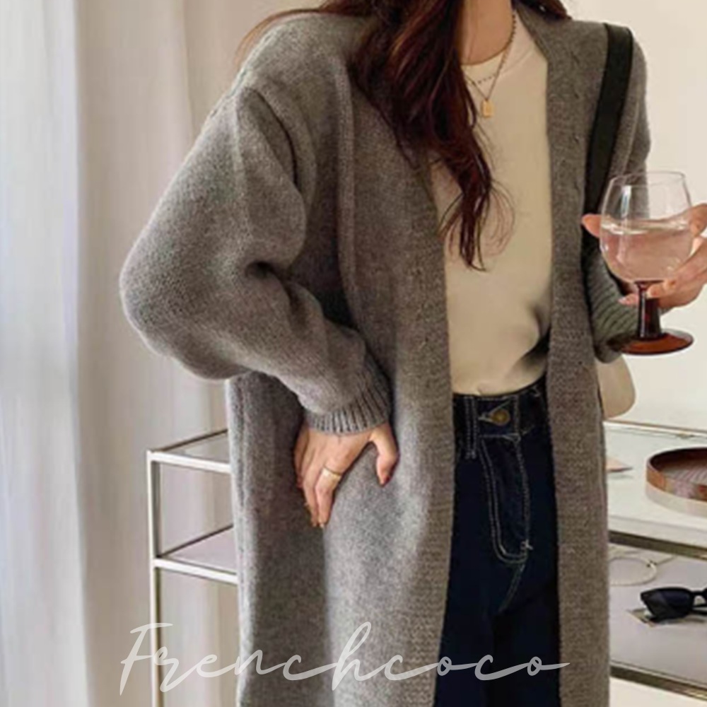 프렌치코코 롱가디건 퍼프 니트 로브 엉덩이 덮는 스웨터