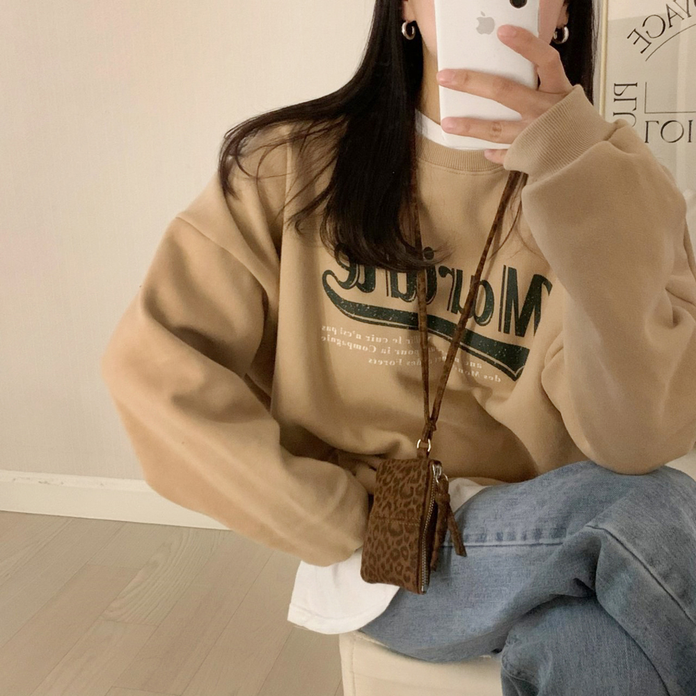 양기모 오버핏 마리테 레터링 프린팅 여자 기모 맨투맨 겨울 여성 맨투맨 박스티 기모 티셔츠 - 상세 이미지 2