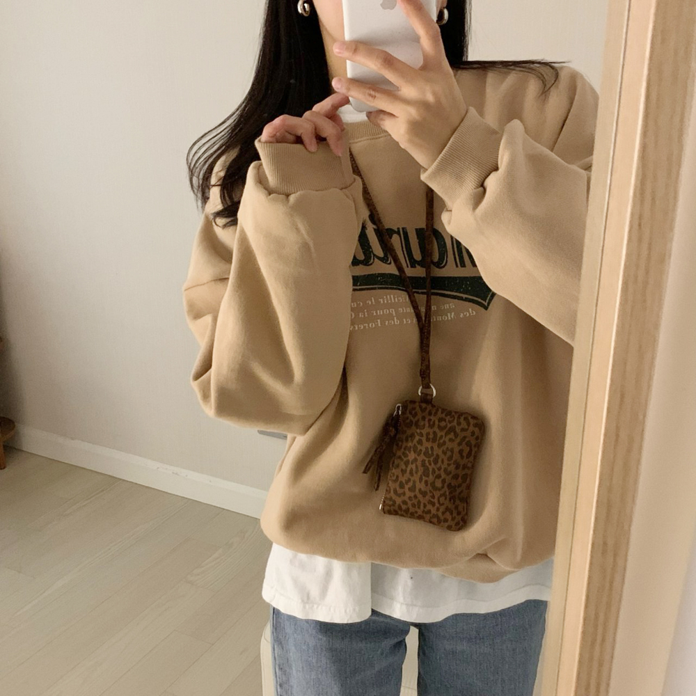 양기모 오버핏 마리테 레터링 프린팅 여자 기모 맨투맨 겨울 여성 맨투맨 박스티 기모 티셔츠 - 상세 이미지 5