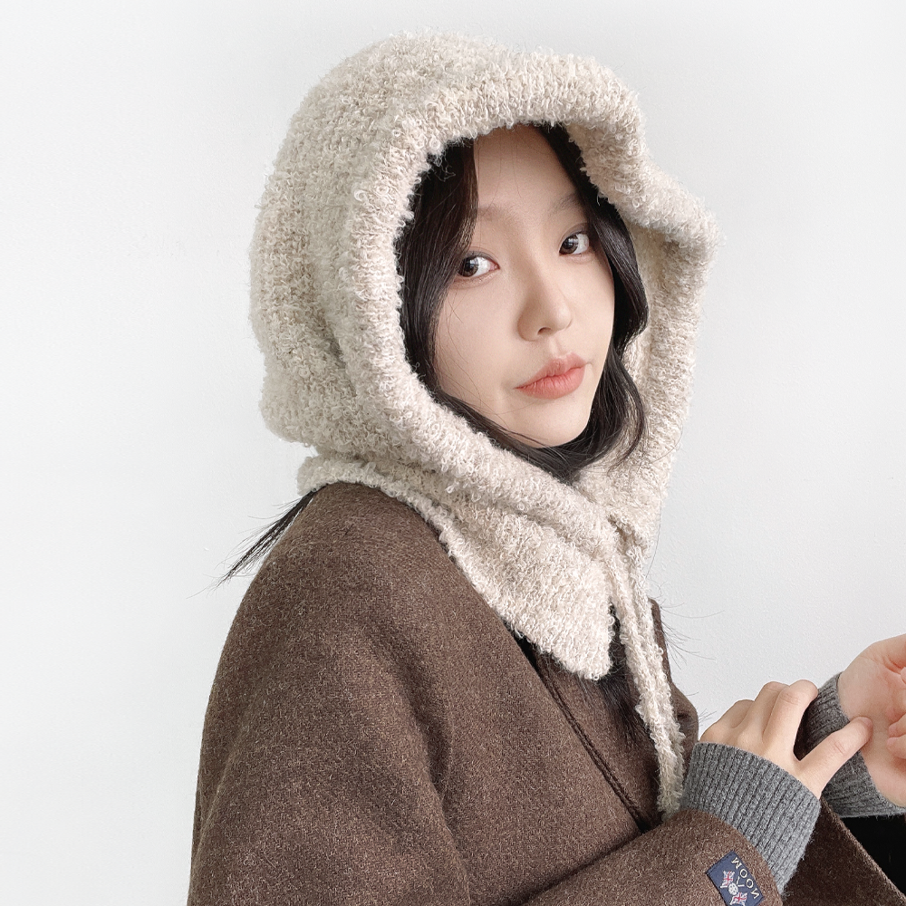보카시 대두 바라클라바 오버핏 부클 후드 여성 니트 겨울 방한 귀달이 모자 - 메인 이미지