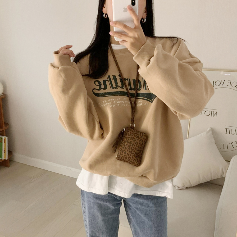 양기모 오버핏 마리테 레터링 프린팅 여자 기모 맨투맨 겨울 여성 맨투맨 박스티 기모 티셔츠 - 상세 이미지 3