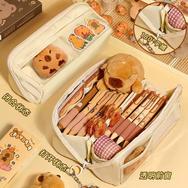 카피바라 필통 새학기 선물 브라운 학용품 필기구 세트 대용량 파우치 귀여운 L - 상세 이미지 4