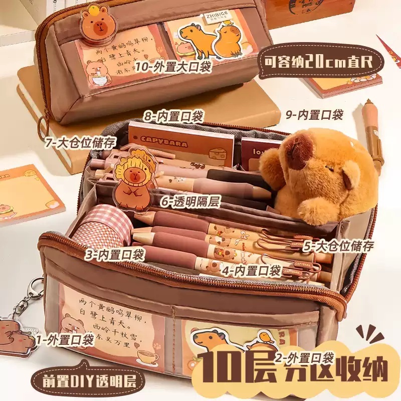 카피바라 필통 대용량 다용도 필기구 문구 학용품 캐릭터 브라운 학생 펜케이스 - 상세 이미지 2