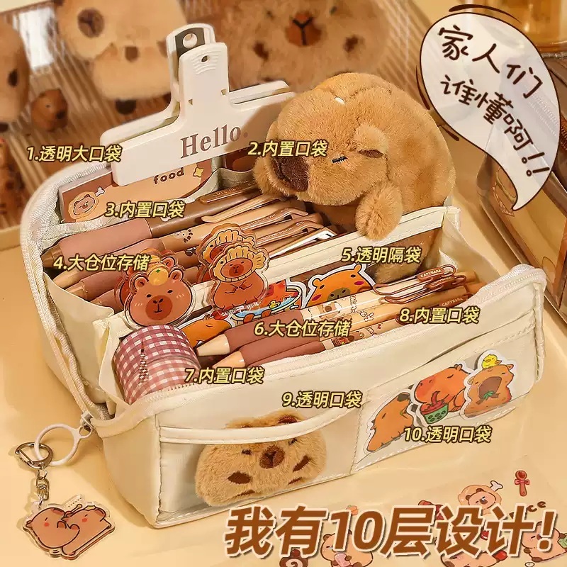 카피바라 필통 새학기 선물 브라운 학용품 필기구 세트 대용량 파우치 귀여운 L - 상세 이미지 2