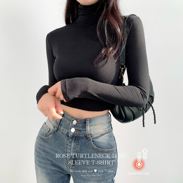 겨울 기모 쫀쫀 슬림 부드러운 속기모 크롭 폴라 긴팔 티셔츠 - 상세 이미지 3