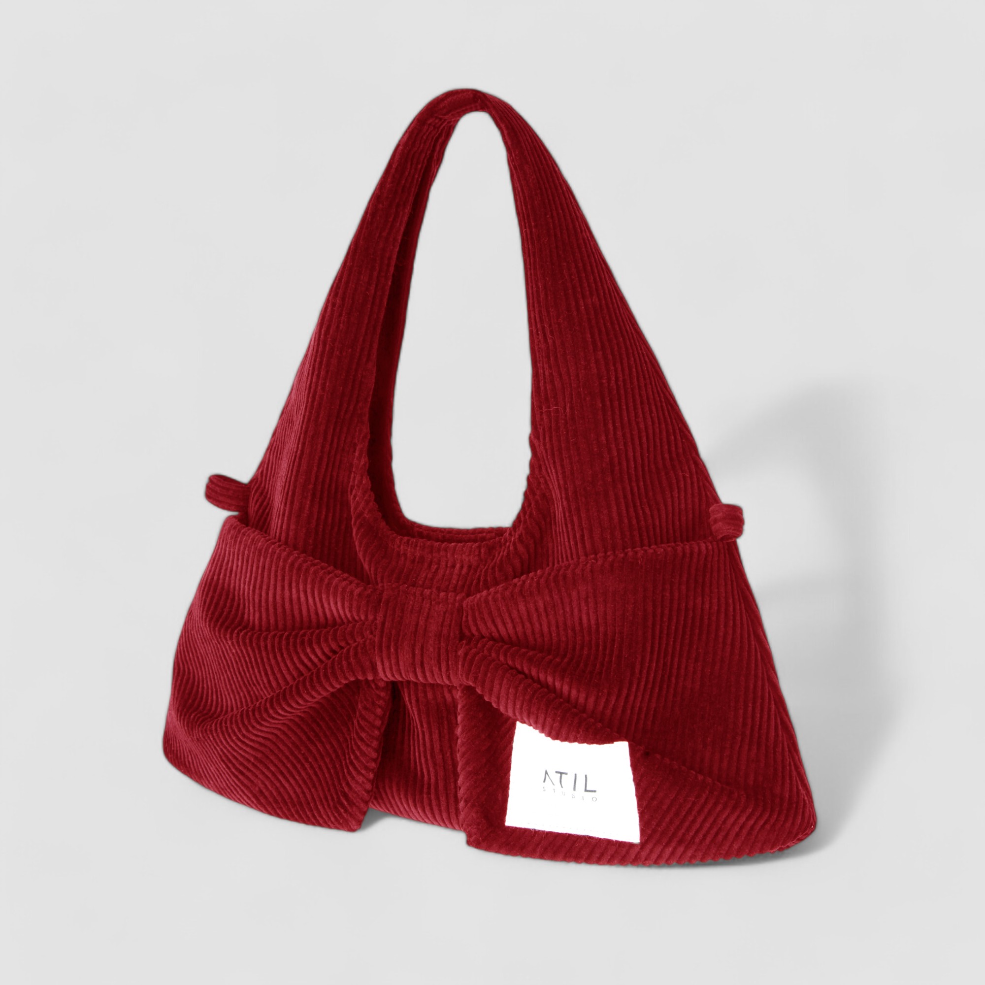 [ATIL STUDIO] 코듀로이 미니 리본 호보 도트 앤 크로스백 _ [레드] - 상세 이미지 3