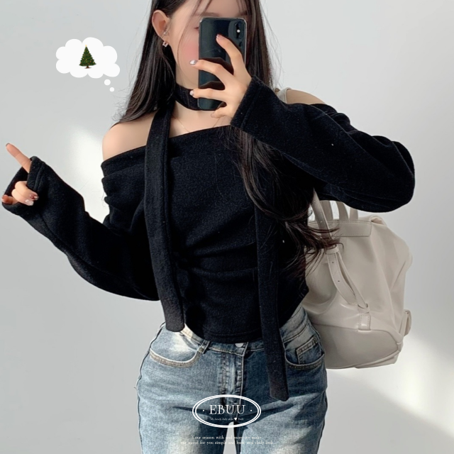 연말룩 머플러세트 오프숄더 여리무드 포근 언오프 테디 초커 세트 크리스마스 - 상품 이미지