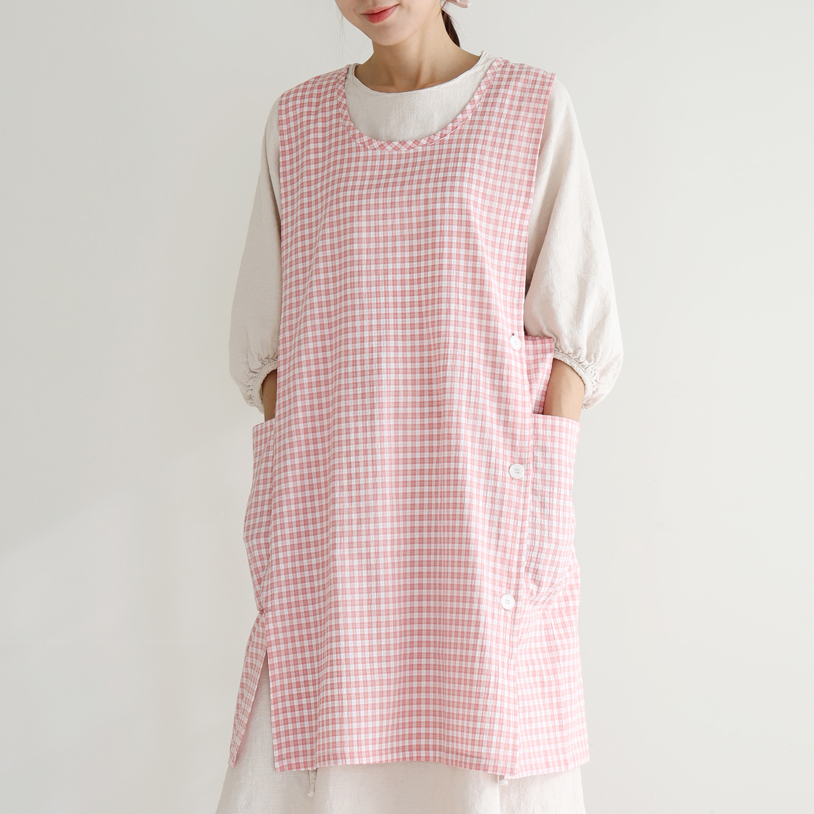 [미소쌤] 시링 체크 앞치마 단추형 F 원피스 빅사이즈 어린이집 보육교사 카페