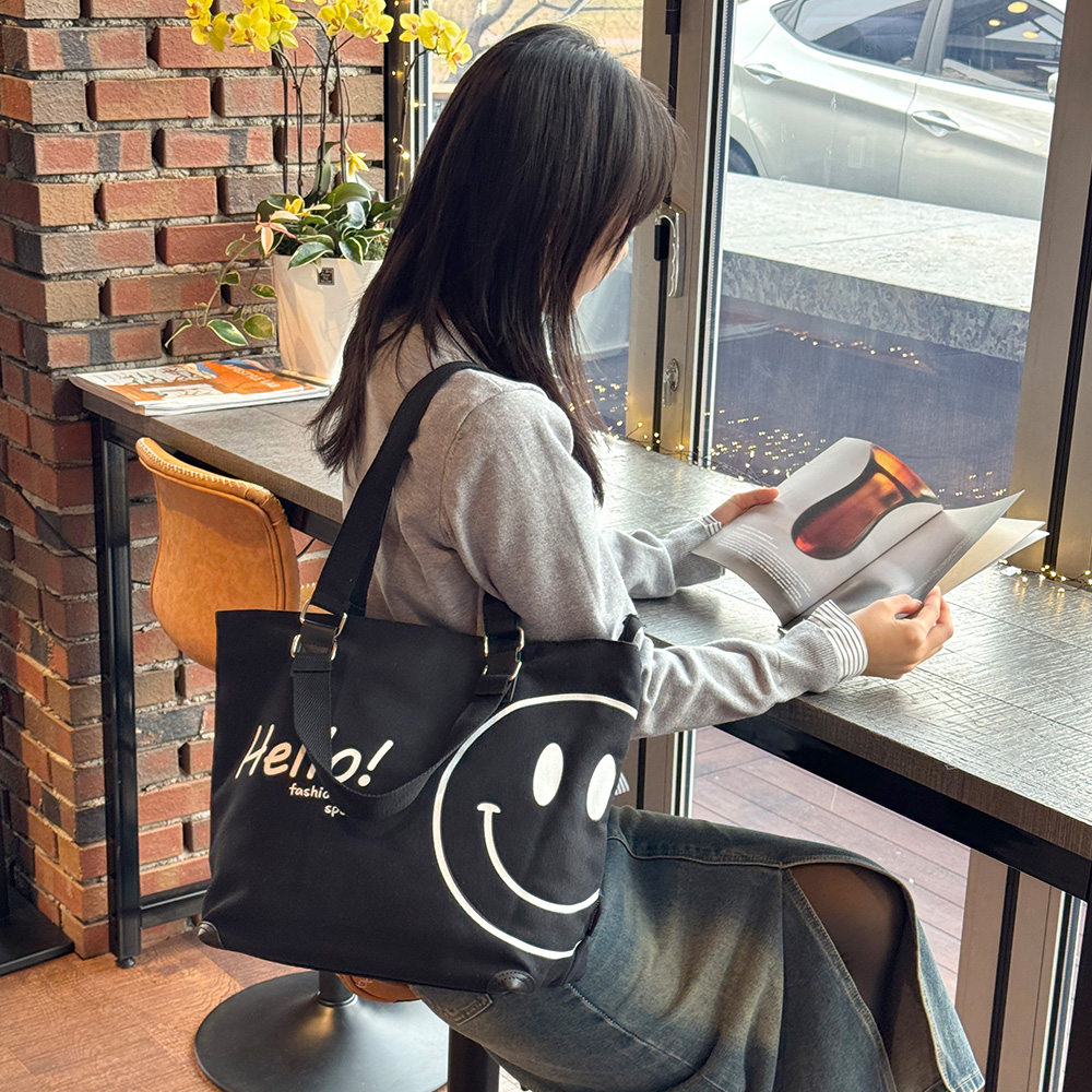 캔버스 빅사이즈 숄더백 헬로우 스마일 패션백 여대생 직장인 여성 큰 대형 숄더백 가방 이미지 6