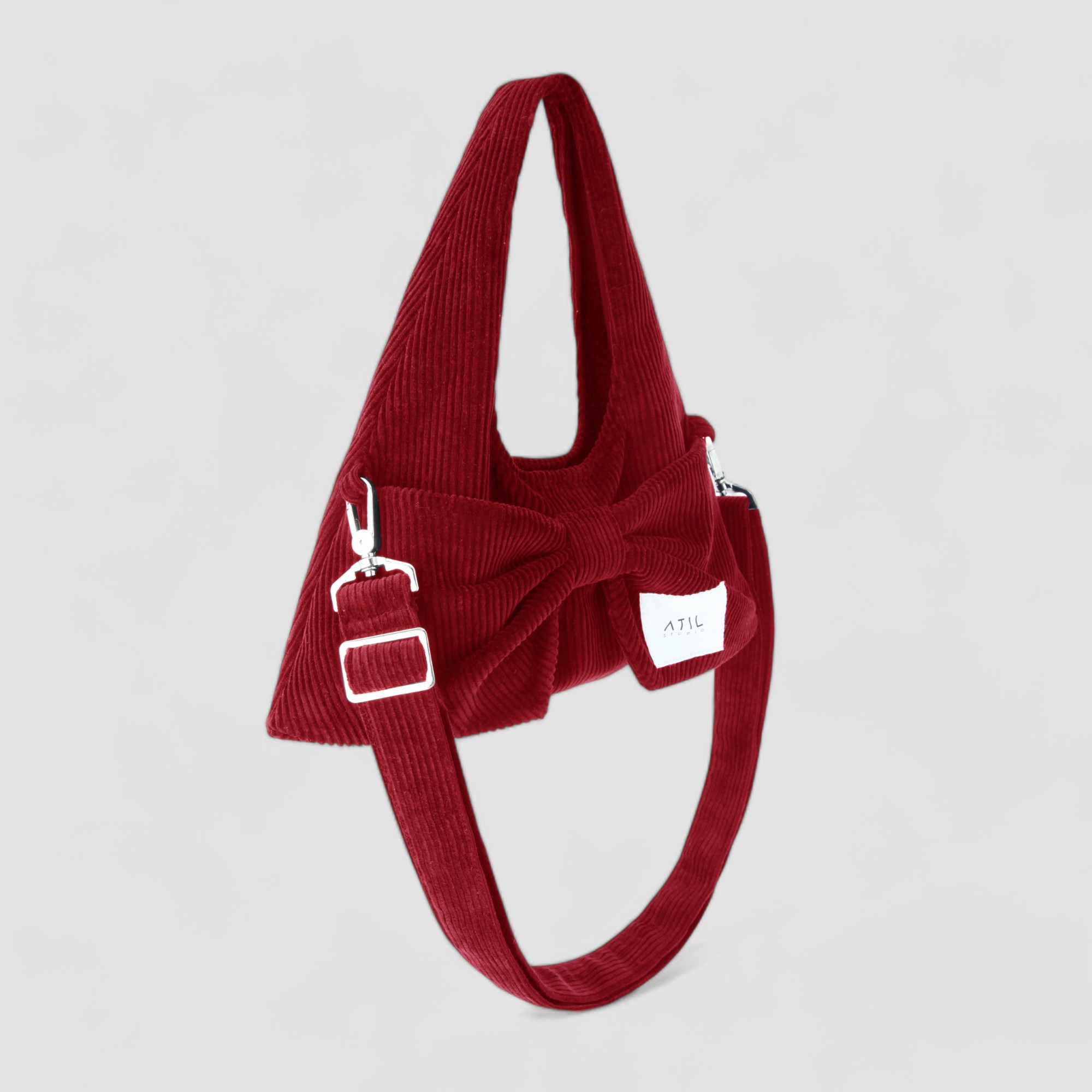 [ATIL STUDIO] 코듀로이 미니 리본 호보 도트 앤 크로스백 _ [레드] - 상세 이미지 5