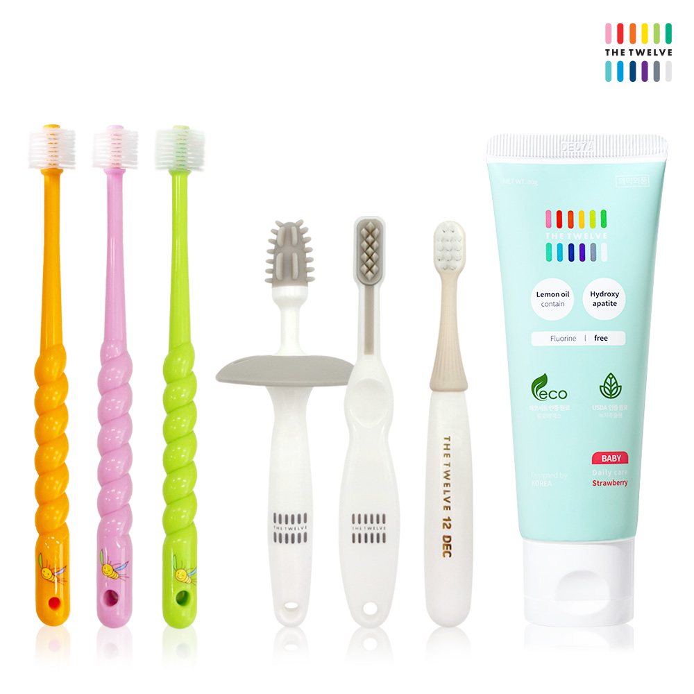 더트웰브 1단계 베이비칫솔 360도 칫솔 3개입 + 무불소 치약 1개