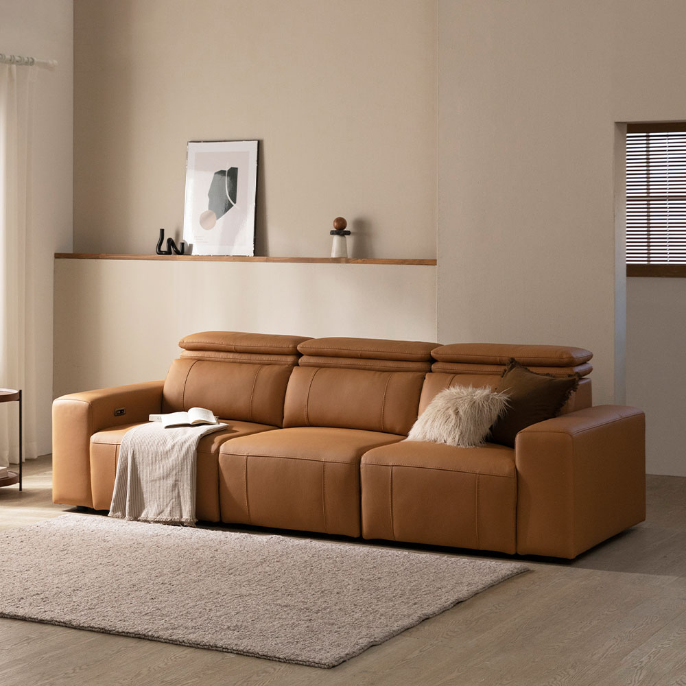 [4인 쇼파] 미코하임 그레이스 리클라이너 천연가죽 슬라이딩 모션 소파 스툴미포함, 샌드베이지, 4인용