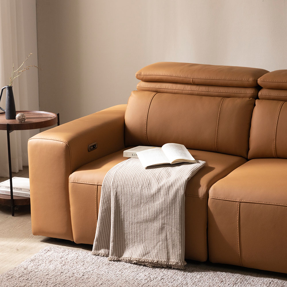 [4인 쇼파] 미코하임 그레이스 리클라이너 천연가죽 슬라이딩 모션 소파 스툴미포함, 샌드베이지, 4인용
