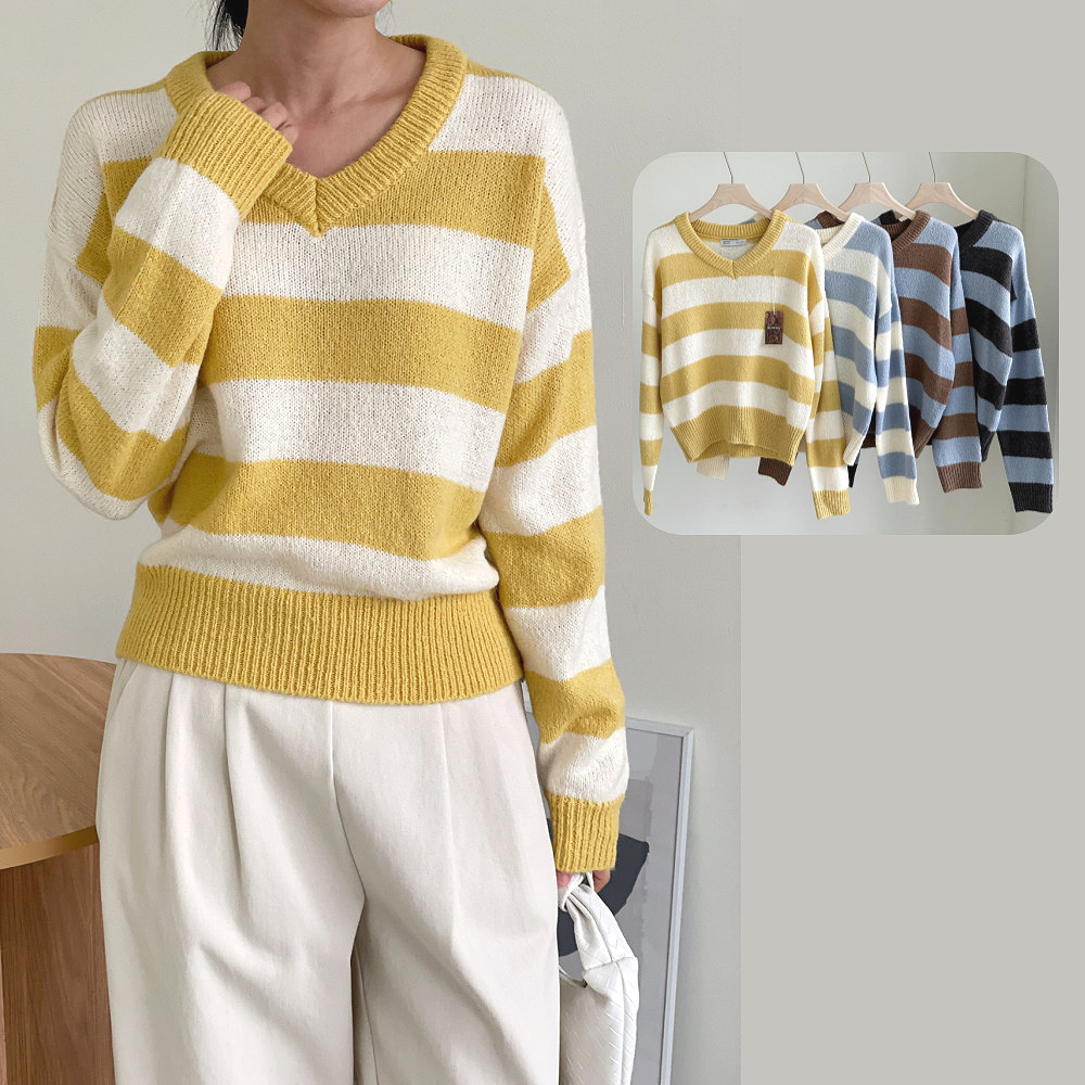 로라벨 커먼 스트라이프 단가라 브이넥 니트 울 캐시미어 루즈핏 가을 겨울 여성 스웨터 티