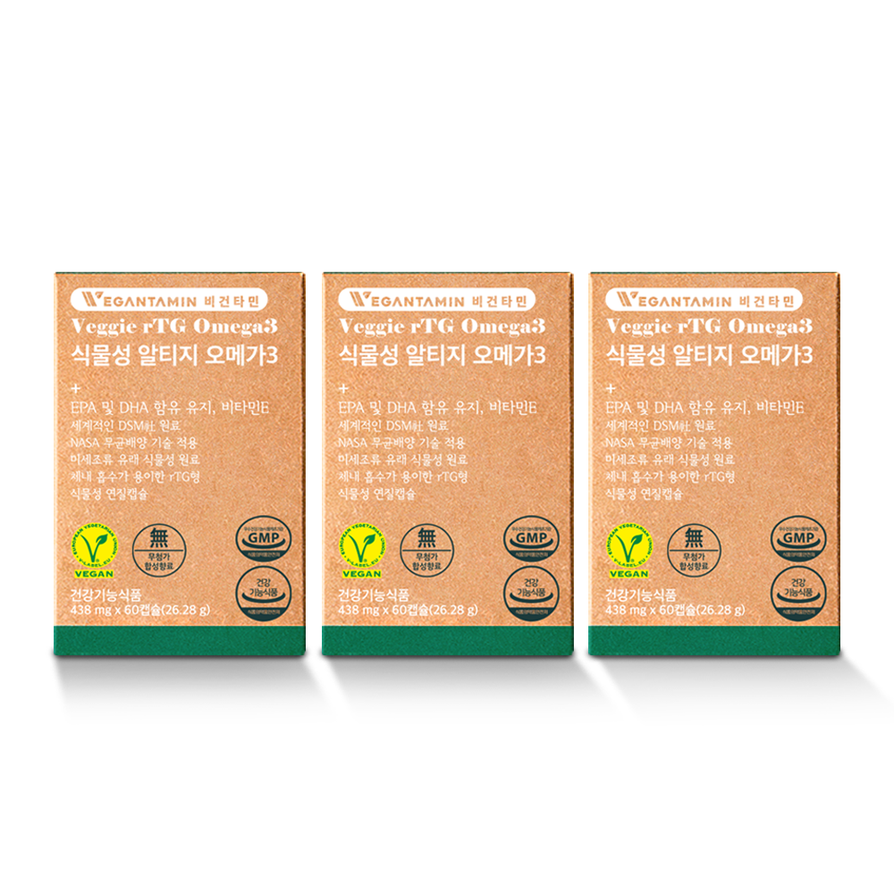 비건타민 식물성 알티지 비건 오메가3 임신준비 임산부 RTG 오메가3 60캡슐, 3개