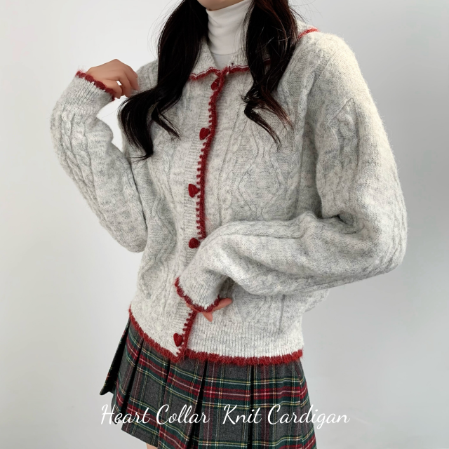 겨울가디건 연말룩 데일리 카라 배색 하트 뿅뿅 러블리 겨울 가디건 - 상세 이미지 2
