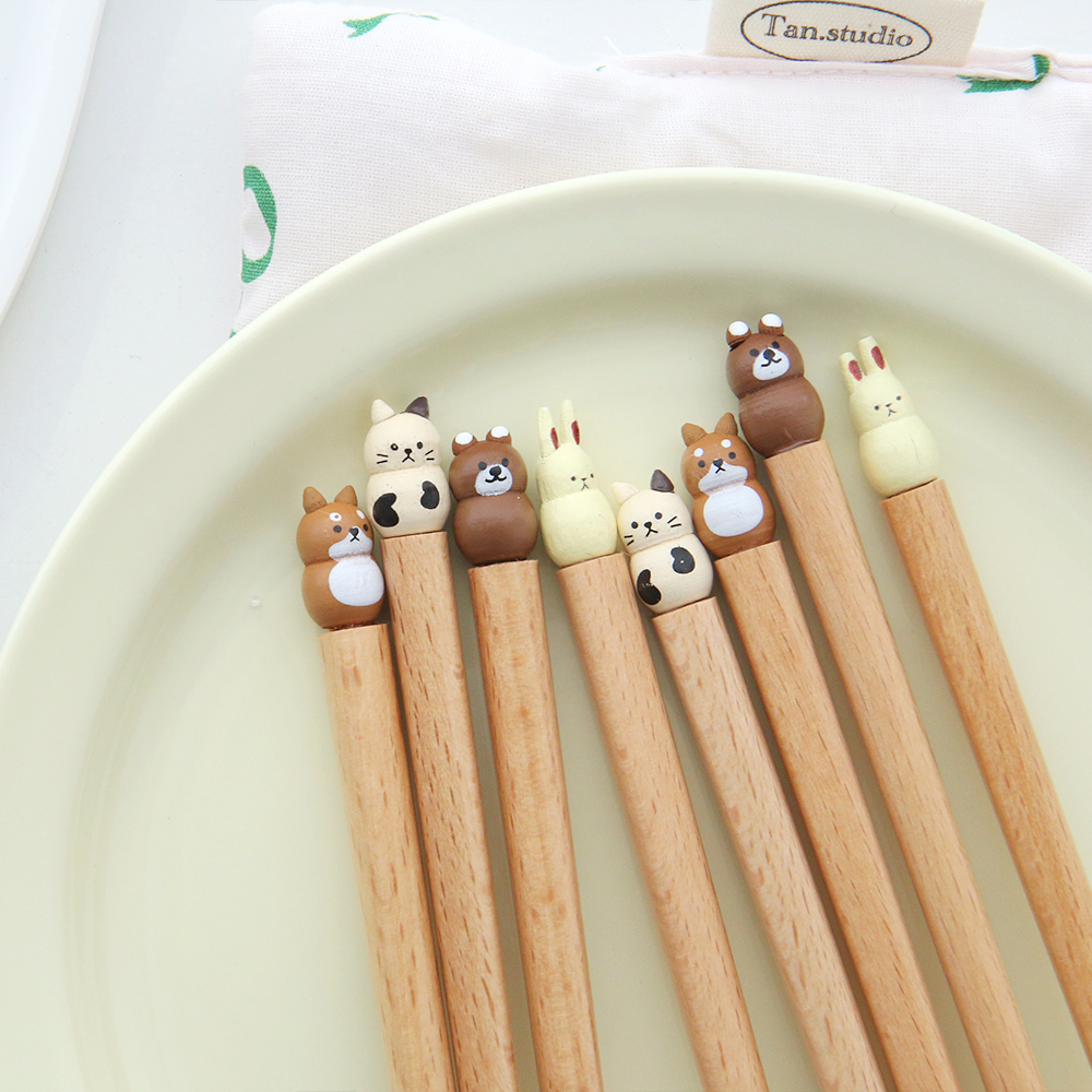 고품질 나무 젓가락 캐릭터 귀여운 일본 우드 수저 고양이 토끼 시바 곰돌이 핸드메이드 캠핑