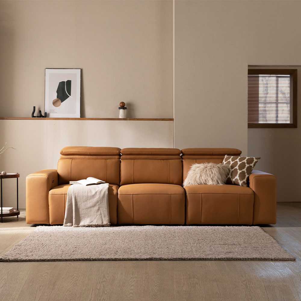 [4인 쇼파] 미코하임 그레이스 리클라이너 천연가죽 슬라이딩 모션 소파 스툴미포함, 샌드베이지, 4인용